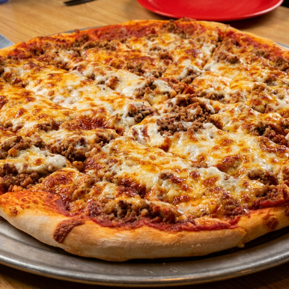Large round pizza topped with melted cheese and crumbled sausage, served on a metal tray at a restaurant table.