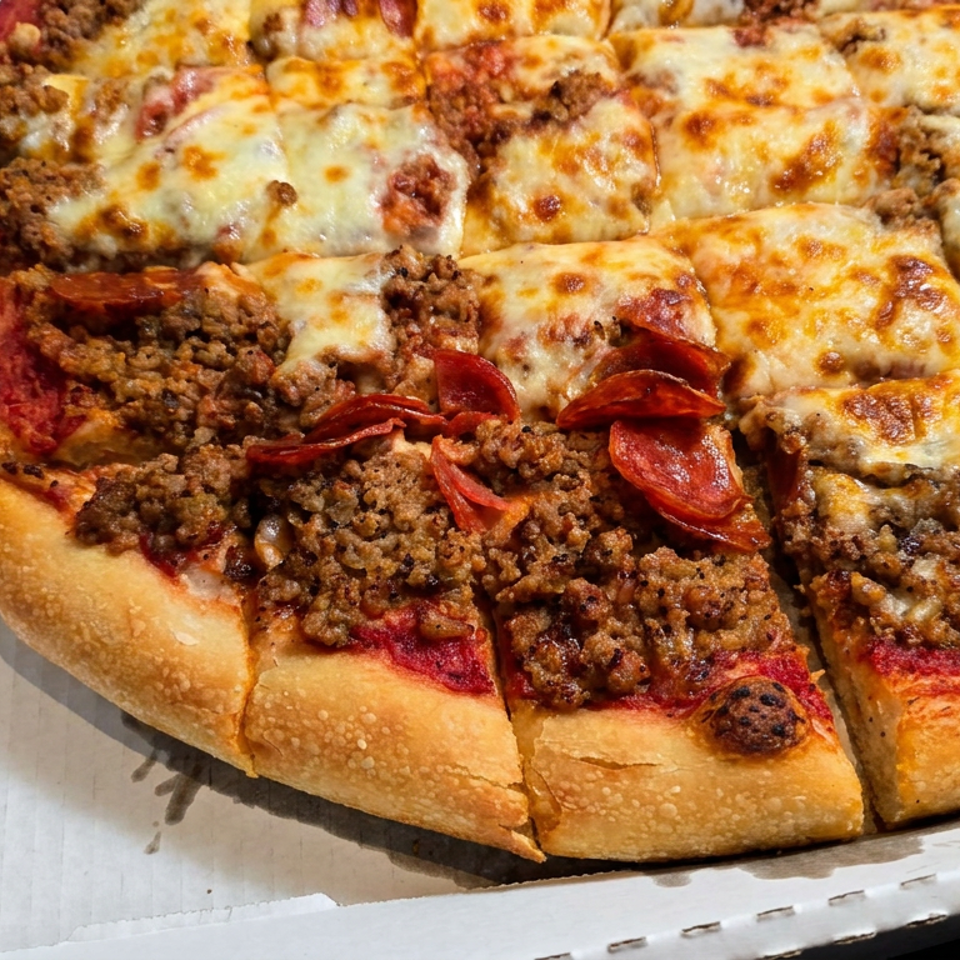 Close-up of a thick-crust pizza topped with melted cheese, ground beef, and pepperoni slices in a white box.