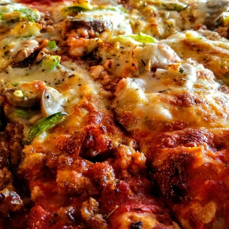 Close-up of a loaded pizza with melted cheese, green peppers, mushrooms, sausage, and browned crust.